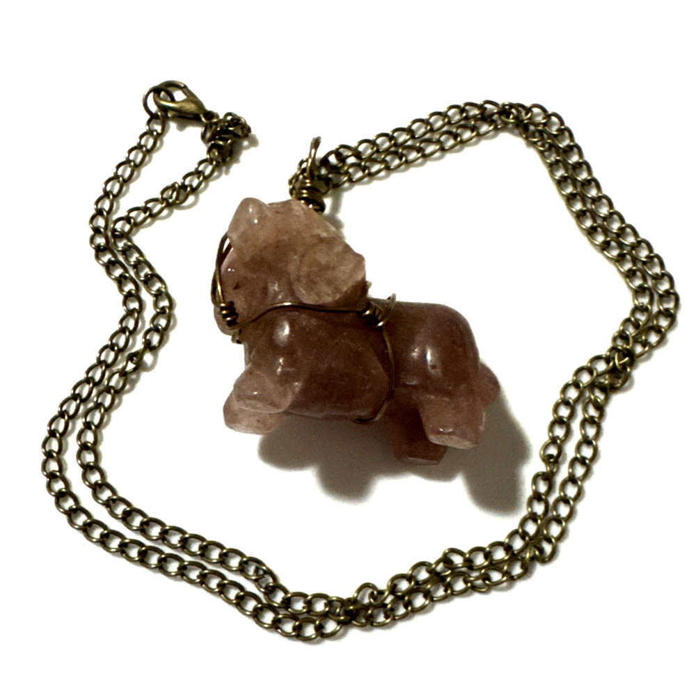 Dog Pendant Necklace Quartz Jewelry Bronze Tone 21" Genuine Stone Pink Rose ?